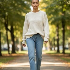 Michael Kors Cream Textured Crew Neck Sweater | Solid Knit Sleeves
